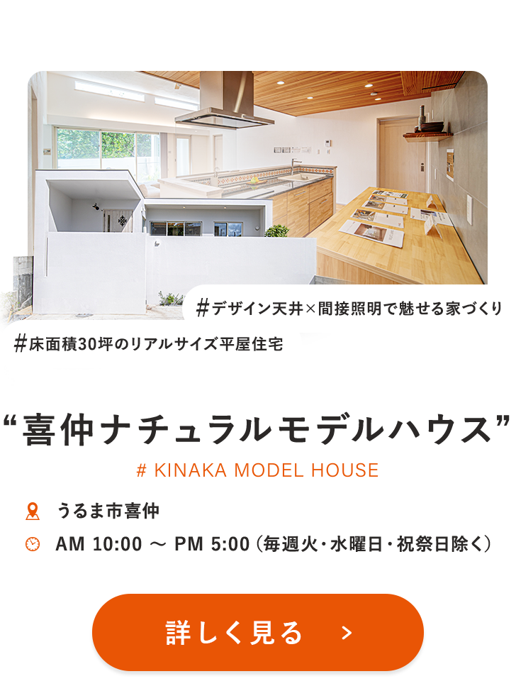 喜仲ナチュラルモデルハウス、うるま市喜仲、床面積30坪のリアルサイズ平屋住宅、LDKにアクセント！カラー漆喰